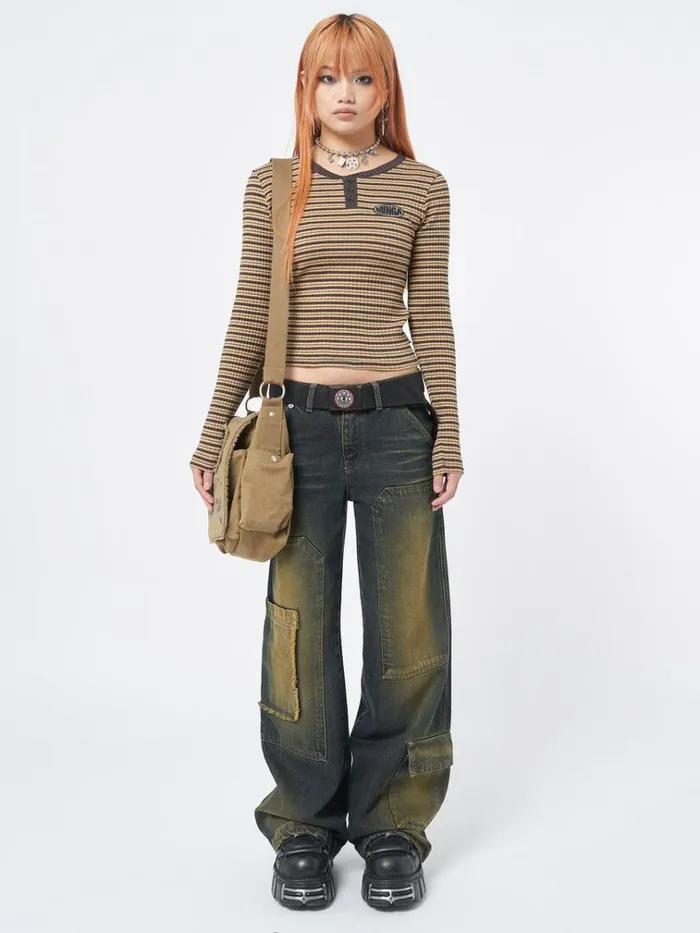 Clothing Brownie Half Button Striped Rib Top Minga London Long Sleeve Tops