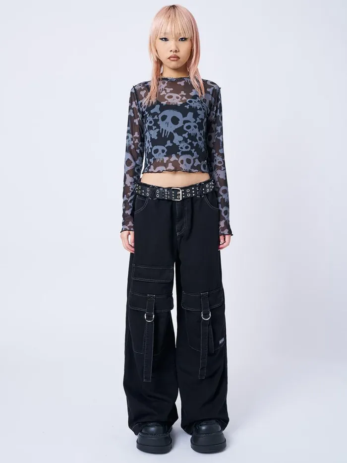 Clothing Buffy Black and Grey Skull Mesh Top Minga London Long Sleeve Tops