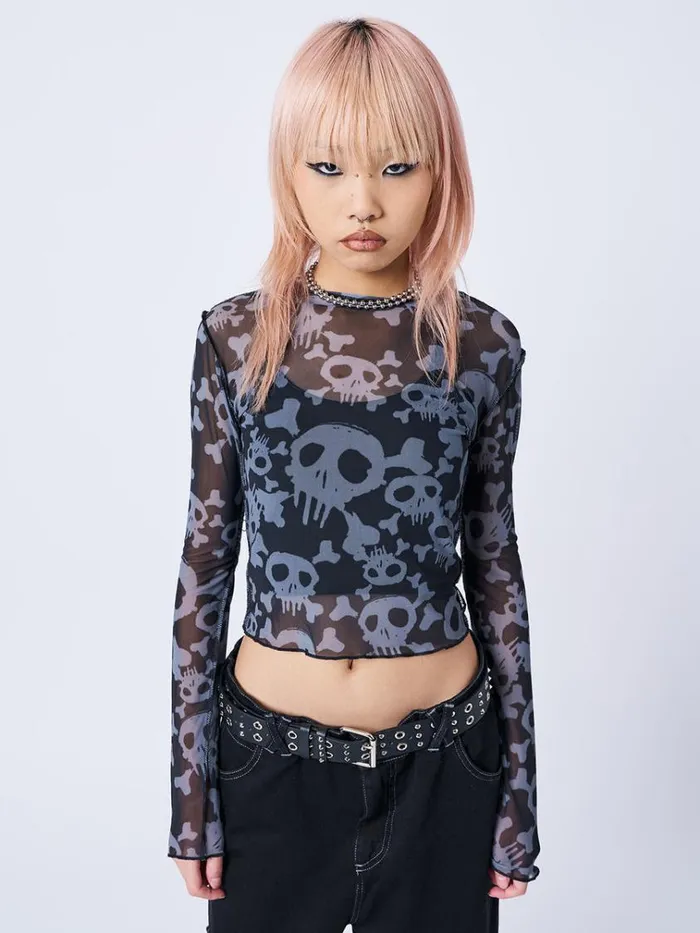 Clothing Buffy Black and Grey Skull Mesh Top Minga London Long Sleeve Tops