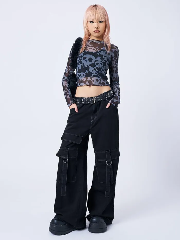 Clothing Buffy Black and Grey Skull Mesh Top Minga London Long Sleeve Tops