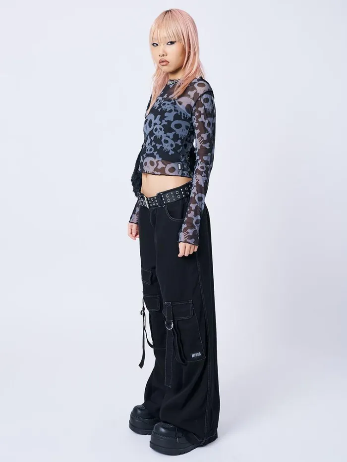Clothing Buffy Black and Grey Skull Mesh Top Minga London Long Sleeve Tops