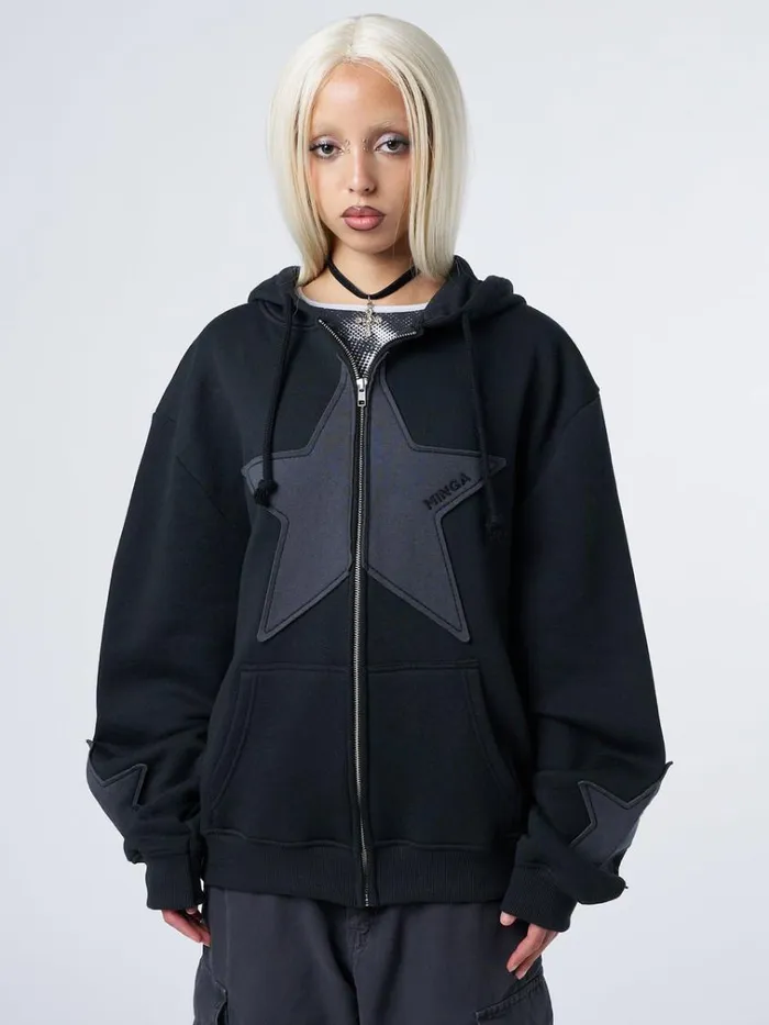 Clothing Celeste Star Black Oversized Zip Up Hoodie Minga London Jackets