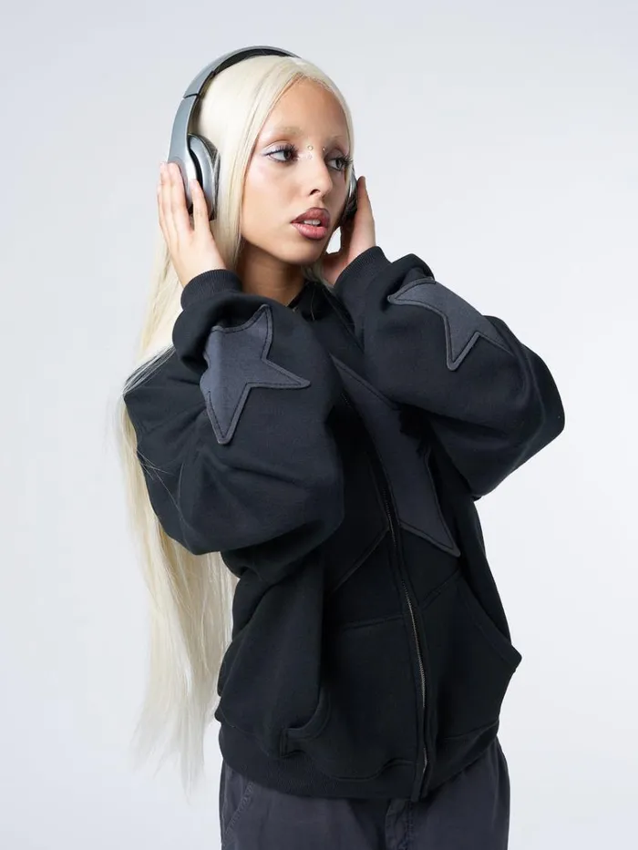 Clothing Celeste Star Black Oversized Zip Up Hoodie Minga London Jackets