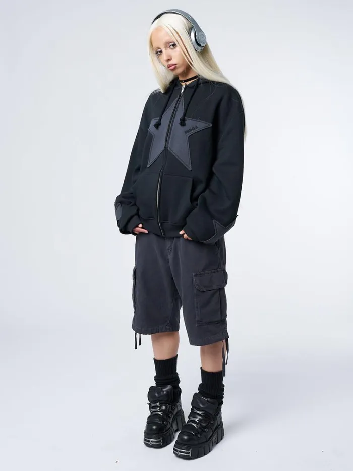 Clothing Celeste Star Black Oversized Zip Up Hoodie Minga London Jackets