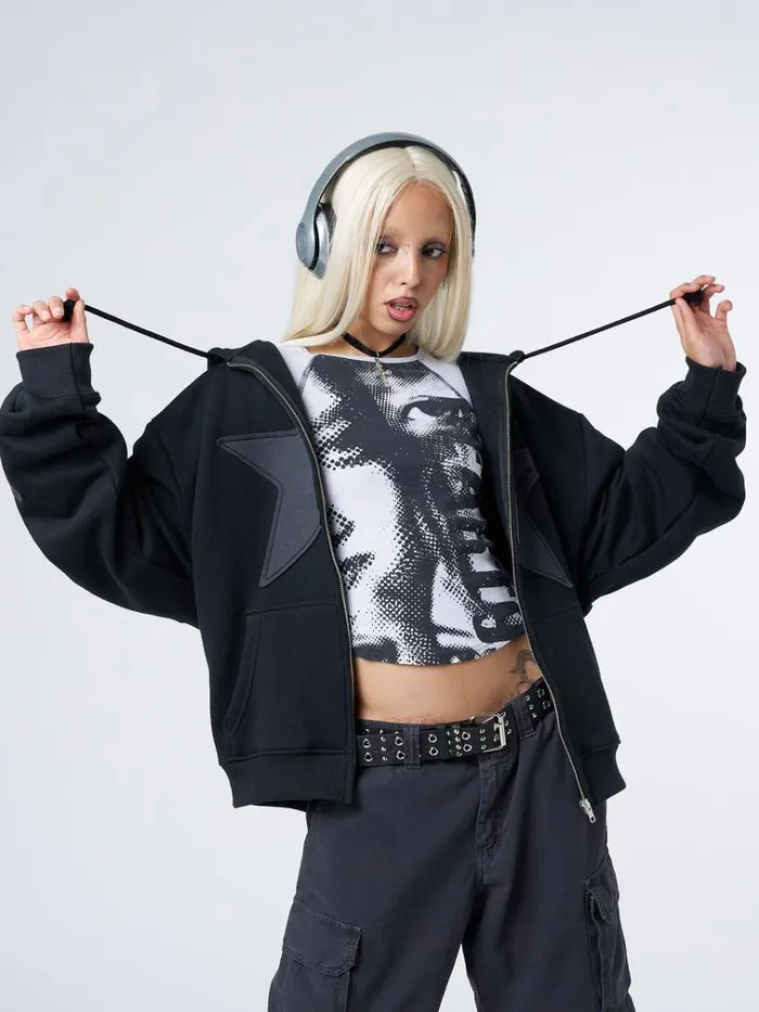Clothing Celeste Star Black Oversized Zip Up Hoodie Minga London Jackets