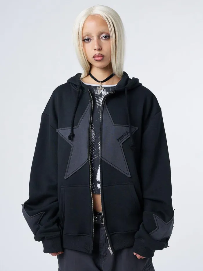 Clothing Celeste Star Black Oversized Zip Up Hoodie Minga London Jackets
