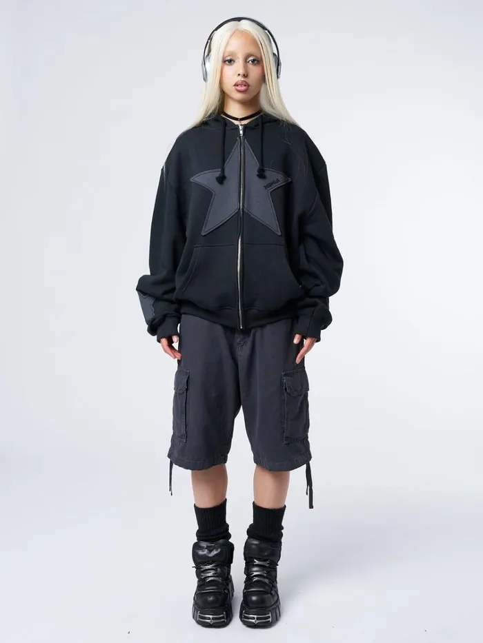 Clothing Celeste Star Black Oversized Zip Up Hoodie Minga London Jackets