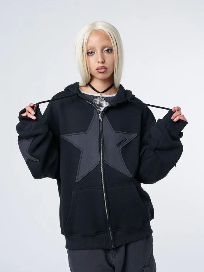 Clothing Celeste Star Black Oversized Zip Up Hoodie Minga London Jackets