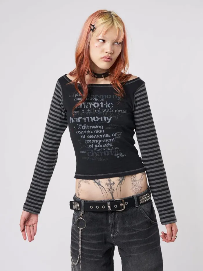 Clothing Chaotic Harmony Black Striped Graphic Top Minga London Long Sleeve Tops