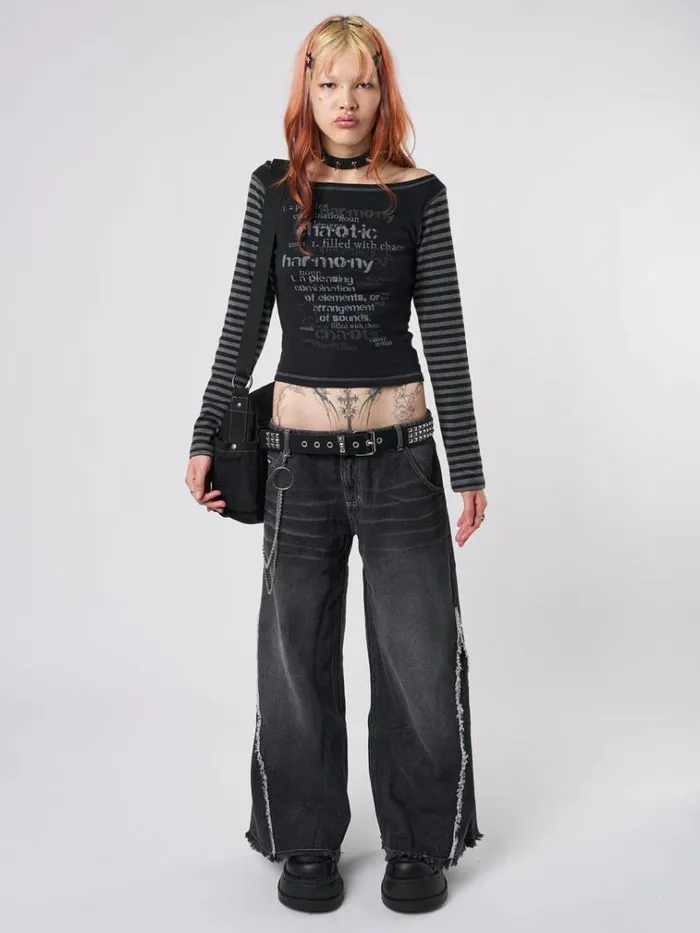 Clothing Chaotic Harmony Black Striped Graphic Top Minga London Long Sleeve Tops