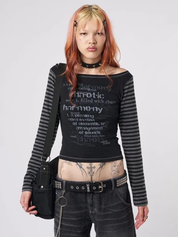 Clothing Chaotic Harmony Black Striped Graphic Top Minga London Long Sleeve Tops