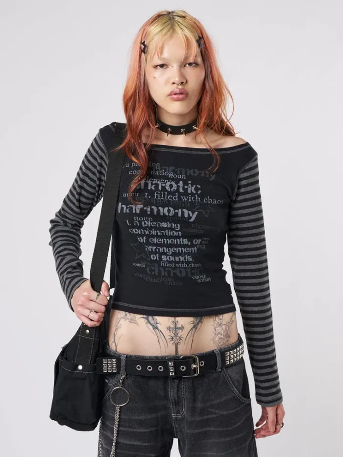 Clothing Chaotic Harmony Black Striped Graphic Top Minga London Long Sleeve Tops