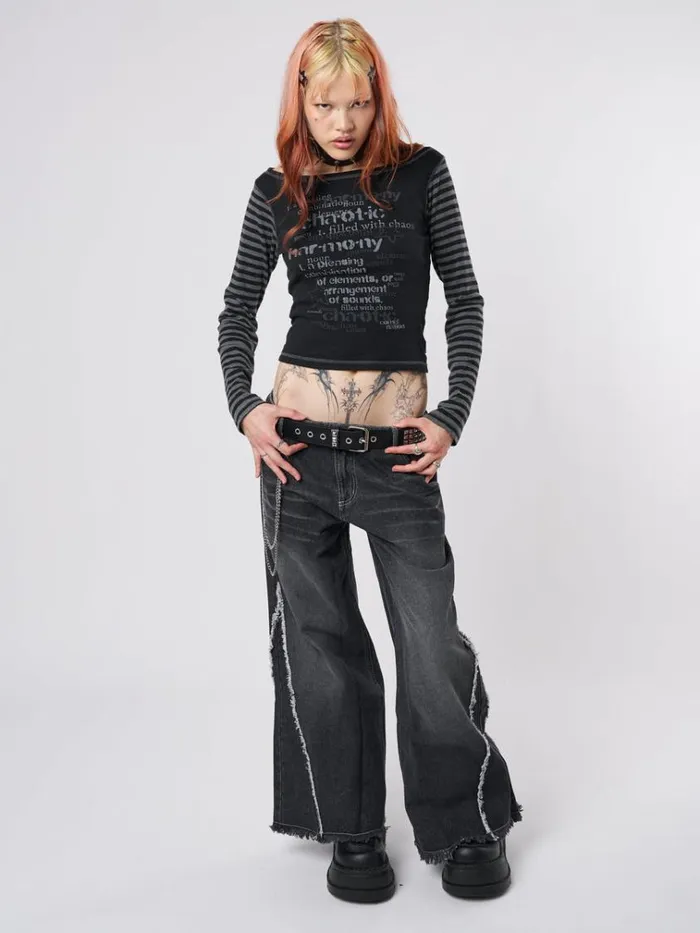 Clothing Chaotic Harmony Black Striped Graphic Top Minga London Long Sleeve Tops