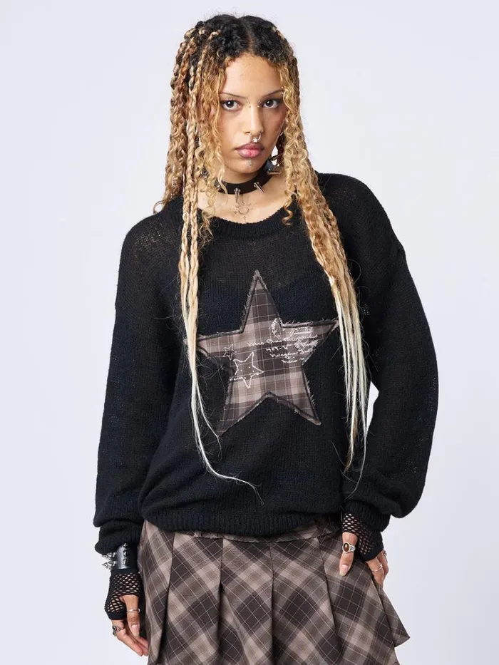 Clothing Check Star Patch Knit Sweater Minga London Sweaters
