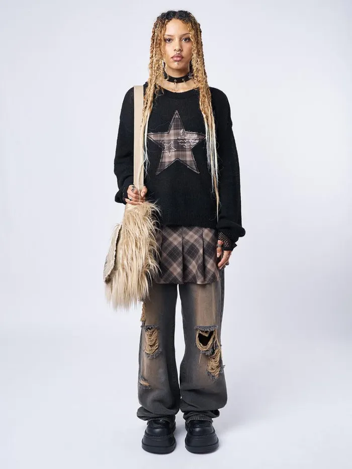 Clothing Check Star Patch Knit Sweater Minga London Sweaters