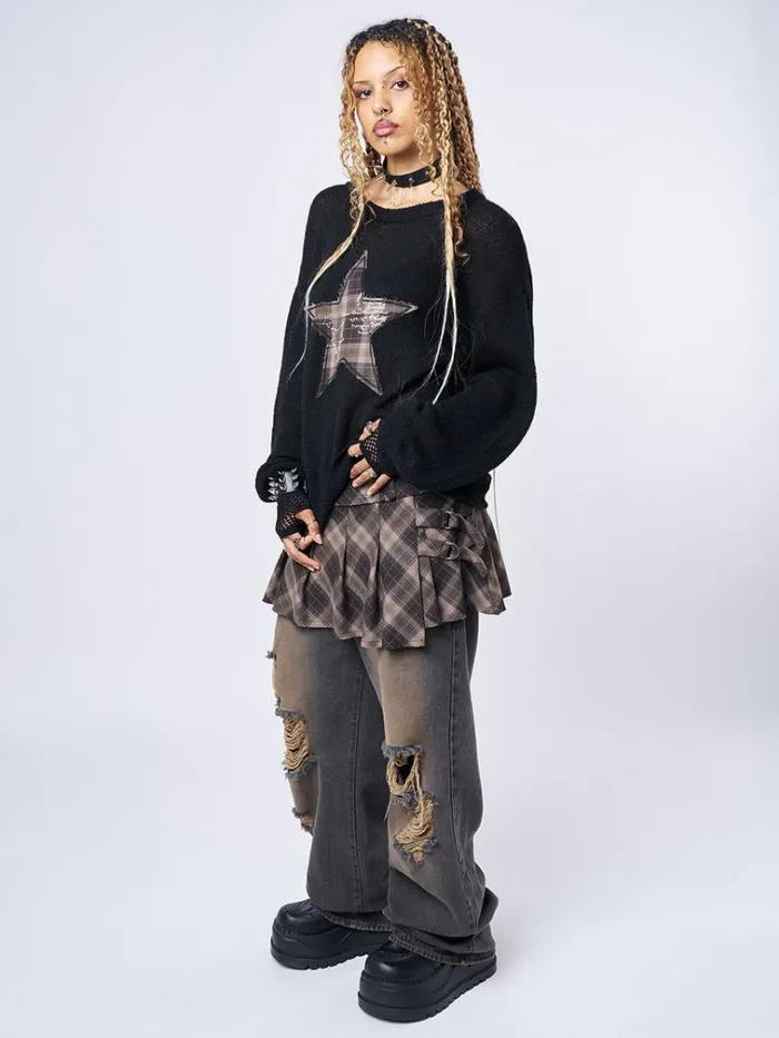Clothing Check Star Patch Knit Sweater Minga London Sweaters