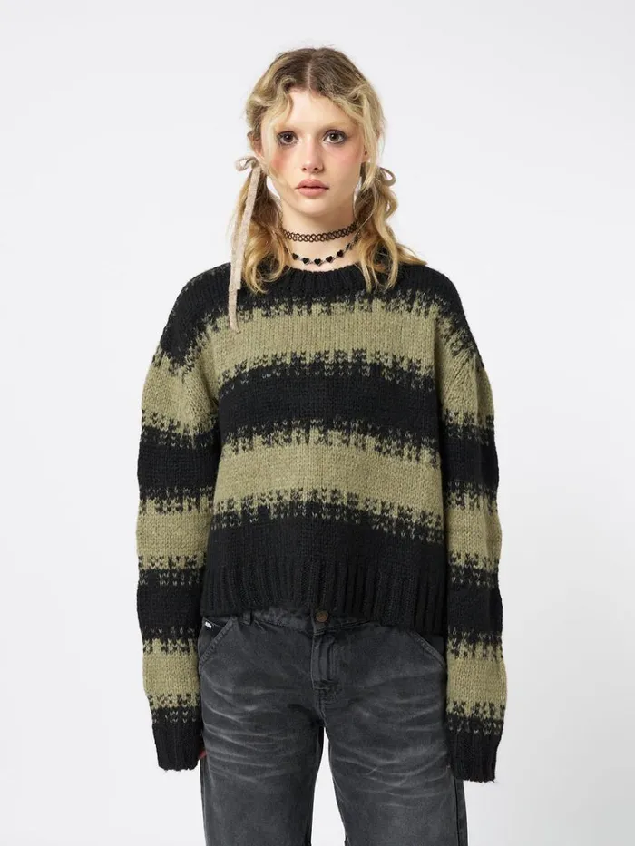 Clothing Clara Green Cropped Striped Knit Sweater Minga London Sweaters