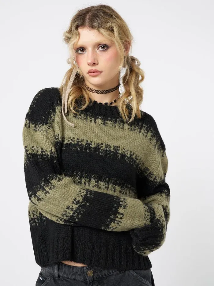 Clothing Clara Green Cropped Striped Knit Sweater Minga London Sweaters
