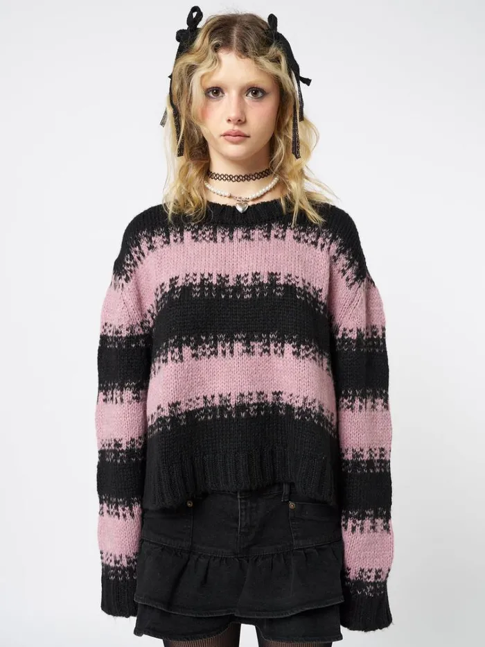 Clothing Clara Pink Cropped Striped Knit Sweater Minga London Sweaters