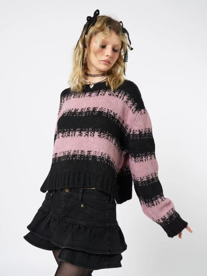 Clothing Clara Pink Cropped Striped Knit Sweater Minga London Sweaters