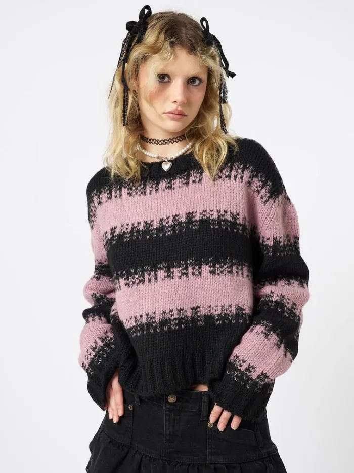 Clothing Clara Pink Cropped Striped Knit Sweater Minga London Sweaters