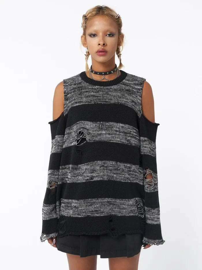 Clothing Curtis Black Grey Striped Knit Jumper Minga London Sweaters