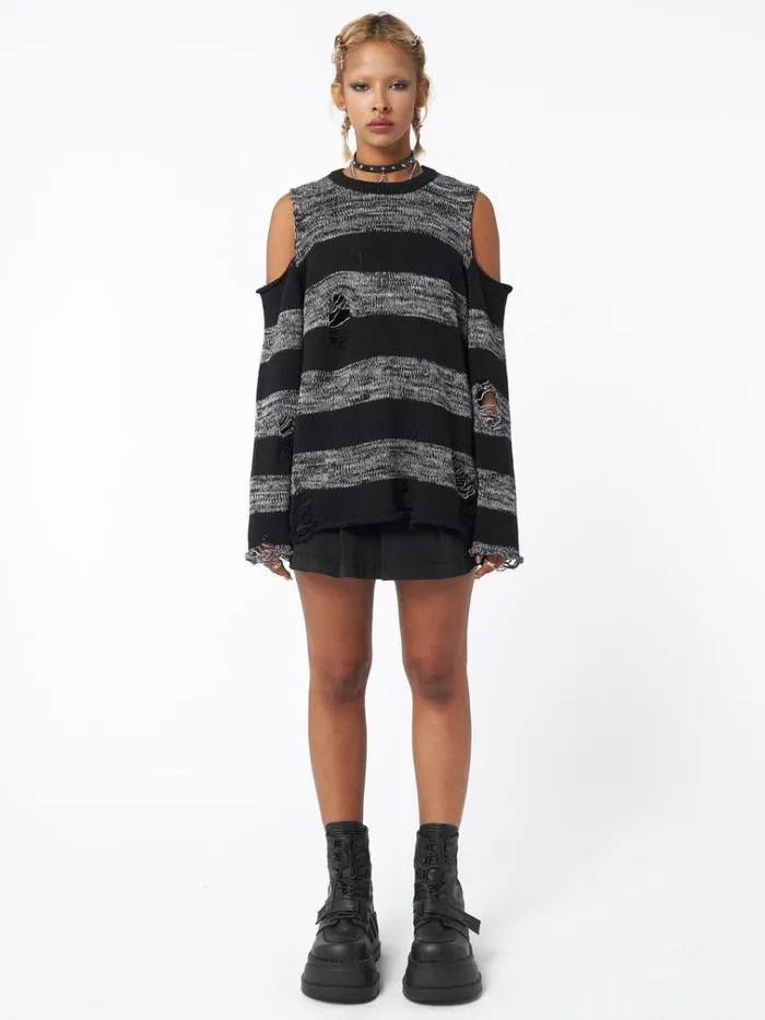 Clothing Curtis Black Grey Striped Knit Jumper Minga London Sweaters