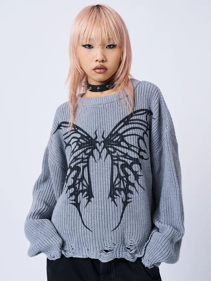 Clothing Darkwave Butterfly Distressed Knit Jumper Minga London Sweaters