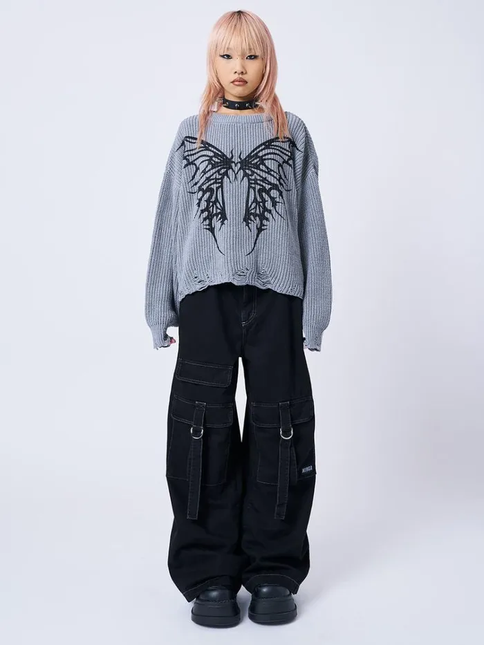 Clothing Darkwave Butterfly Distressed Knit Jumper Minga London Sweaters