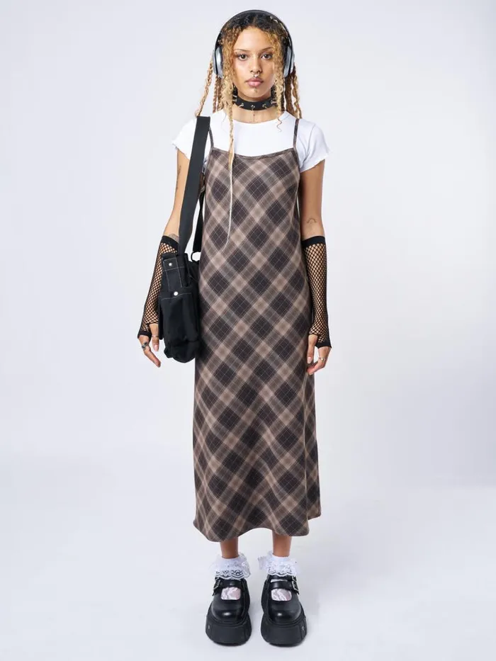Clothing Delia Brown Plaid Maxi Dress Minga London Dresses
