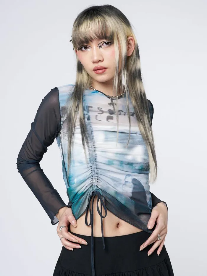 Clothing Echos Printed Mesh Ruched Tie Top Minga London Long Sleeve Tops