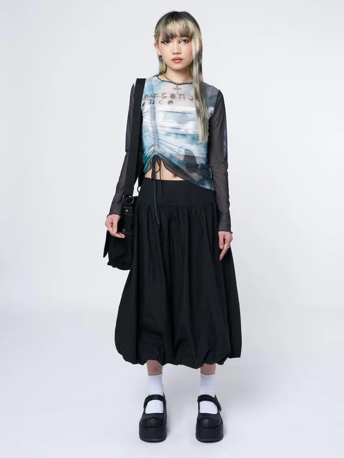 Clothing Echos Printed Mesh Ruched Tie Top Minga London Long Sleeve Tops