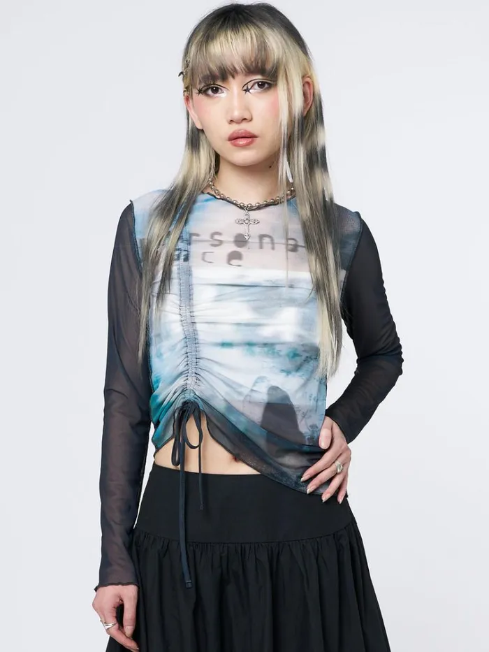 Clothing Echos Printed Mesh Ruched Tie Top Minga London Long Sleeve Tops