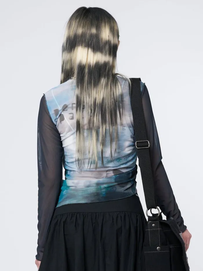 Clothing Echos Printed Mesh Ruched Tie Top Minga London Long Sleeve Tops