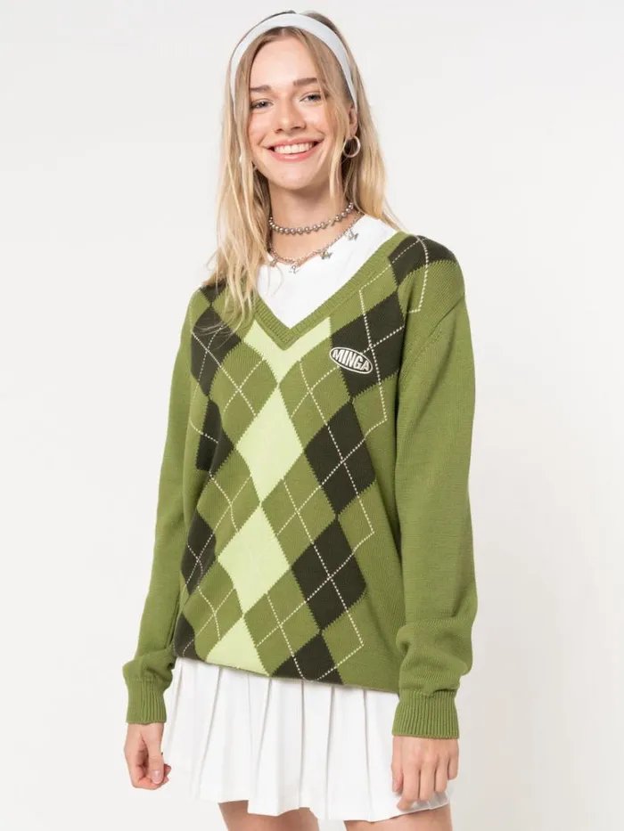 Clothing Green Shades Argyle Knitted Jumper Minga London Sweaters