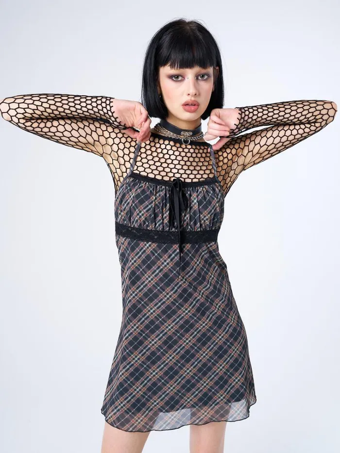Clothing Iza Tartan Lace Trim Mini Dress Minga London Dresses