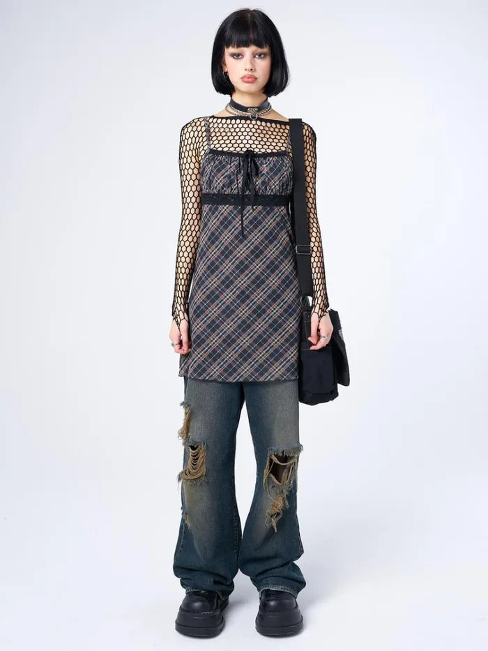 Clothing Iza Tartan Lace Trim Mini Dress Minga London Dresses