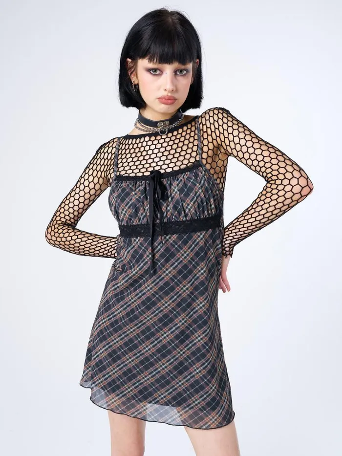 Clothing Iza Tartan Lace Trim Mini Dress Minga London Dresses