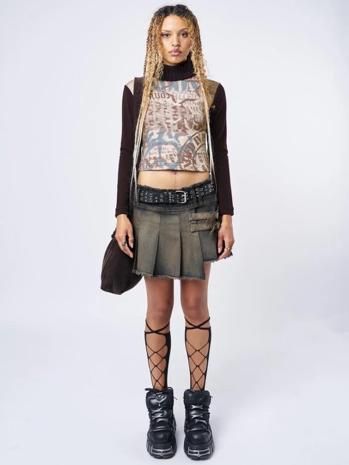 Clothing Kendra Washed Brown Pleated Mini Skirt Minga London Skirts