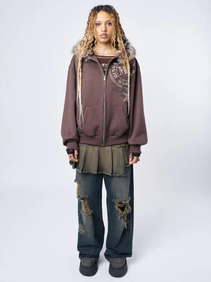 Clothing Kiara Faux Fur Neck Oversized Zip Up Hoodie Minga London Jackets