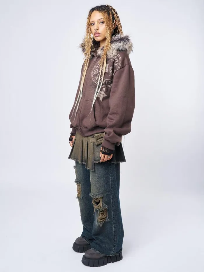 Clothing Kiara Faux Fur Neck Oversized Zip Up Hoodie Minga London Jackets