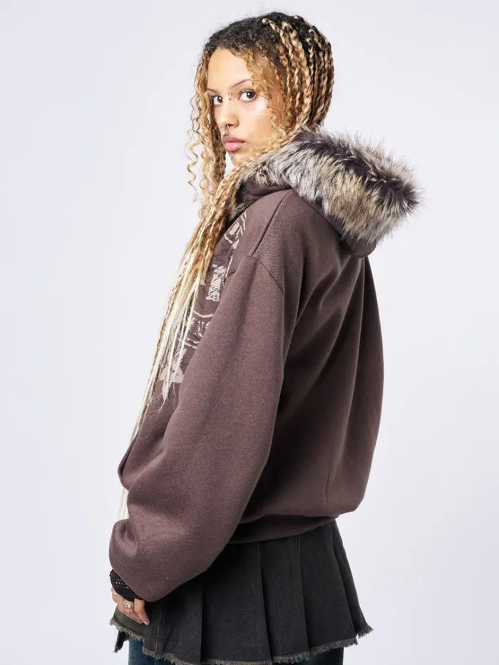 Clothing Kiara Faux Fur Neck Oversized Zip Up Hoodie Minga London Jackets