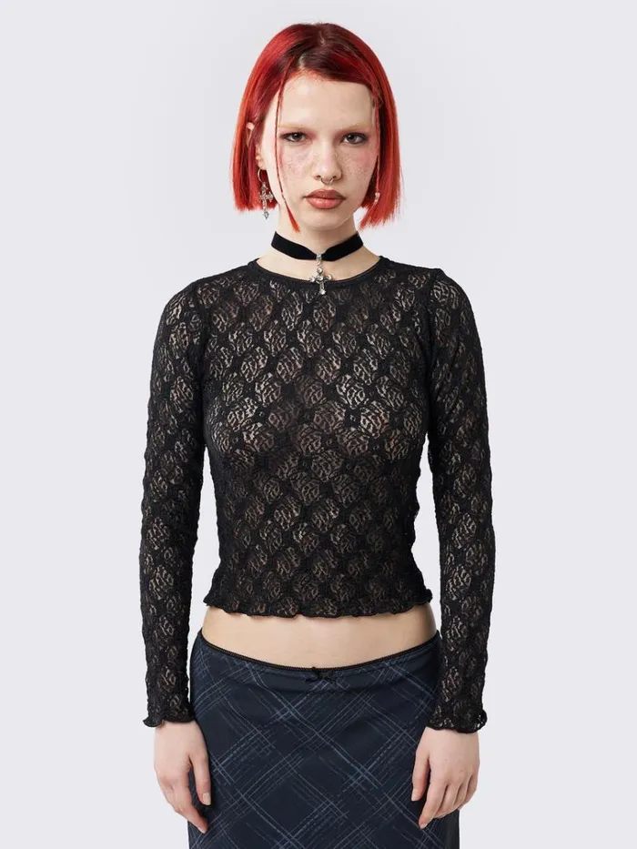 Clothing Lyra Black Floral Lace Top Minga London Long Sleeve Tops