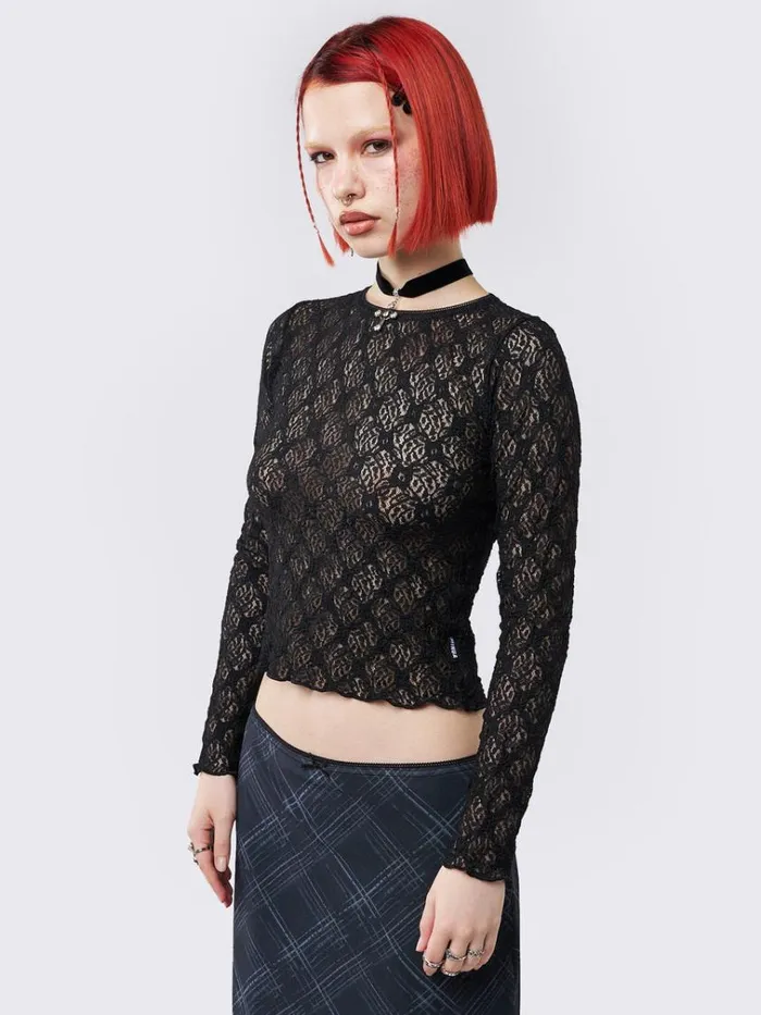 Clothing Lyra Black Floral Lace Top Minga London Long Sleeve Tops