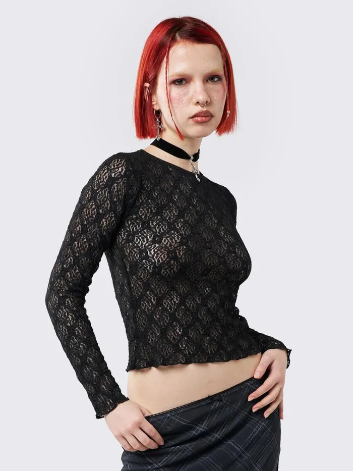 Clothing Lyra Black Floral Lace Top Minga London Long Sleeve Tops