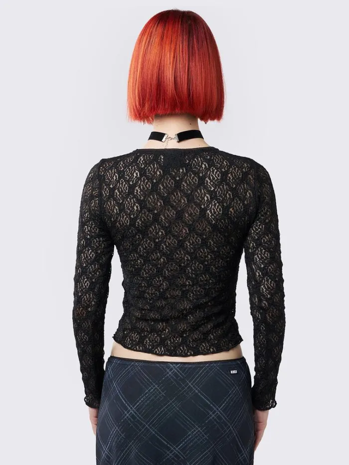 Clothing Lyra Black Floral Lace Top Minga London Long Sleeve Tops