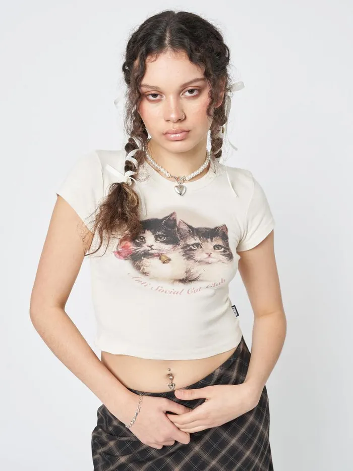 Clothing Minga London Crop Tops Anti Social Cat Club Ecru Baby Tee