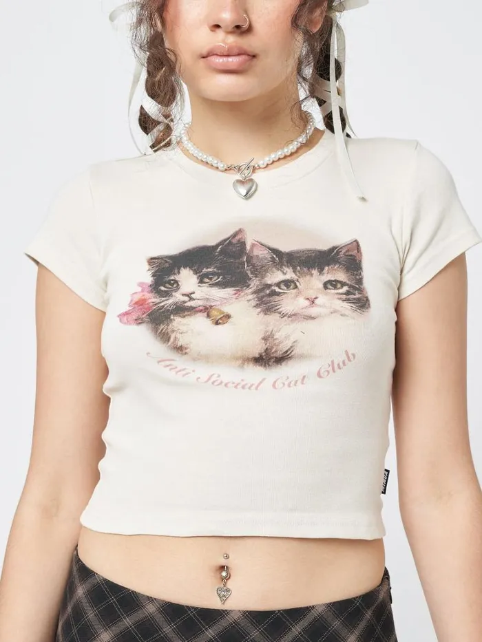 Clothing Minga London Crop Tops Anti Social Cat Club Ecru Baby Tee