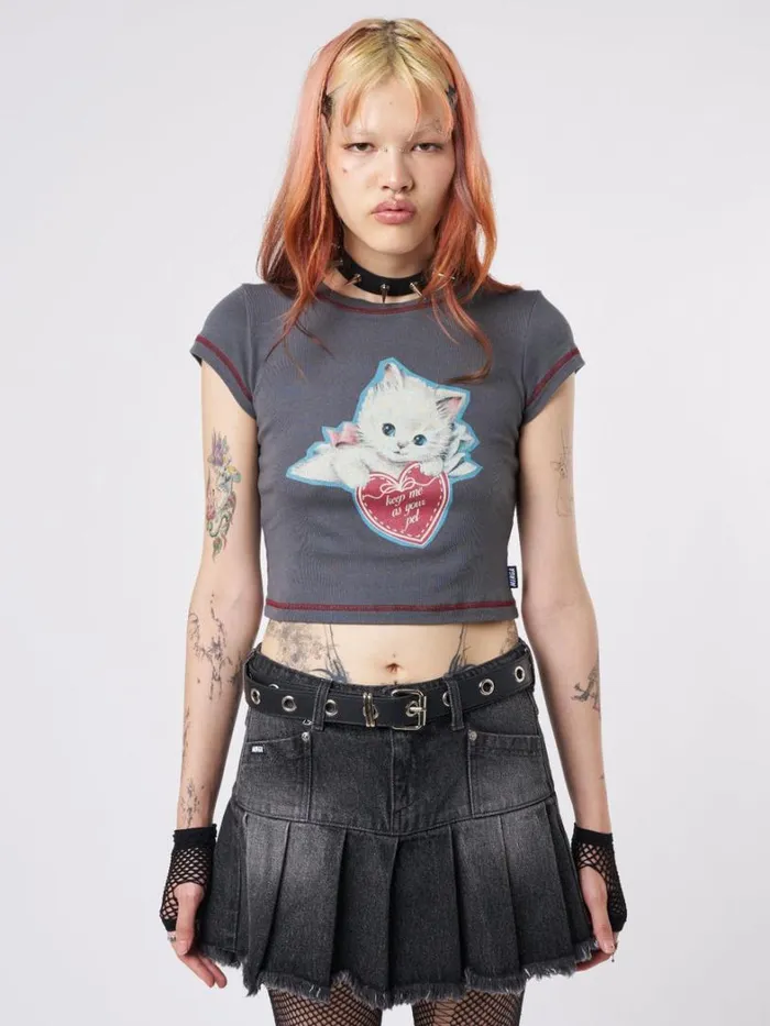 Clothing Minga London Crop Tops Cute Kitty Grey Baby Tee
