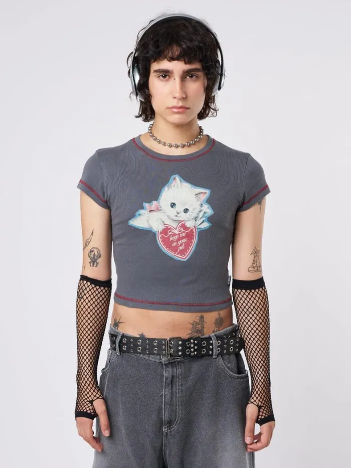 Clothing Minga London Crop Tops Cute Kitty Grey Baby Tee